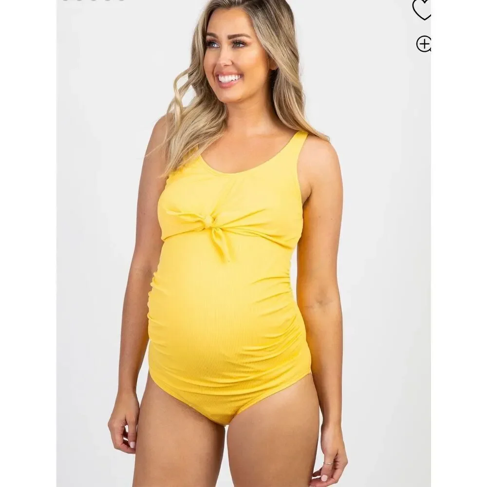 Pinkblush Yellow Ribbed Front Knot One-Piece Maternity New Size Medium